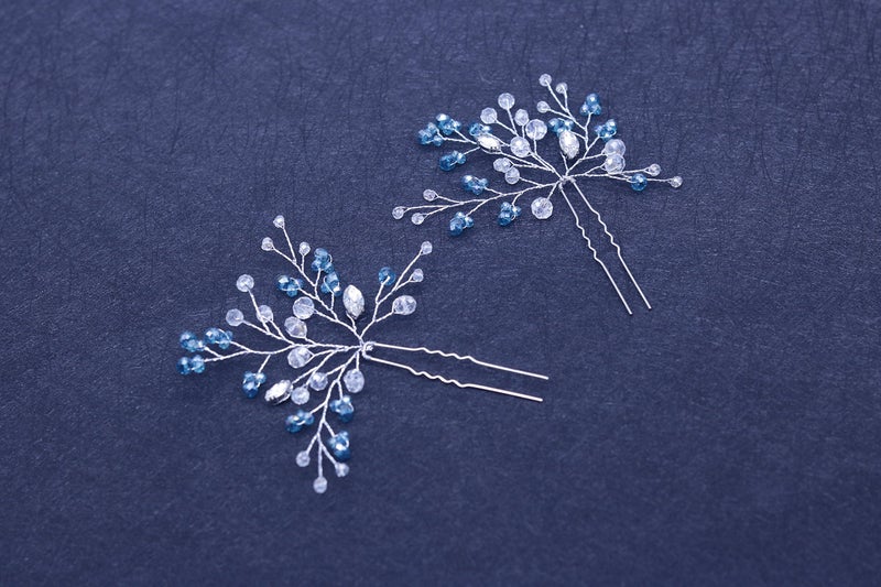 FXmimior Hair Pins Bridal Women Light Blue Crystal Vintage Wedding Party Headpiece Hair Clip Crystal Hair Accessories(pack of 2) - Image 3